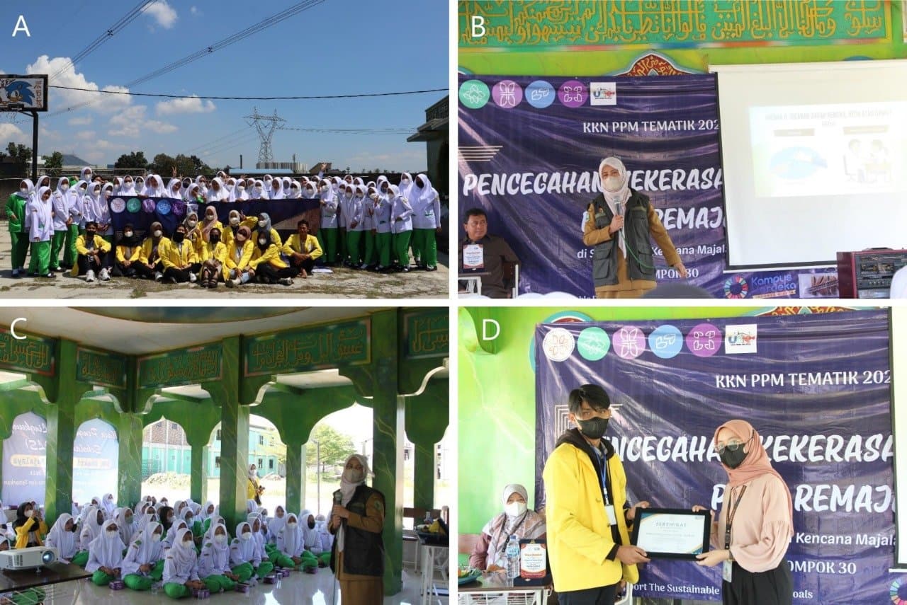 Gambar 2. Alur kegiatan sosialisasi. (A) Pembukaan dan foto bersama antara panitia dan peserta, (B) pemberian materi sosialisasi, (C) diskusi interaktif antara peserta dan pemateri, dan (D) pemberian sertifikat ke pemateri.