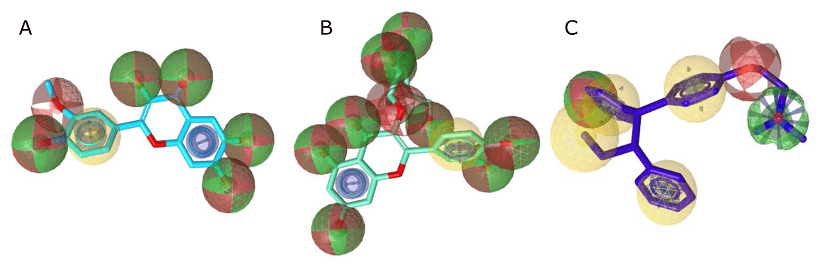 Figure 6. Conformity of isorhamnetin (A) and isoquercitrin (B) with a 4-OHT-derived 3D structure-based pharmacophore model (C) with ERα (PDB ID: 3ERT). The 3D pharmacophore model produced using LigandScout 4.4.5 Advanced. The interactions of positively ionizable and hydrogen bond donors and acceptors are represented as blue stars, green arrows, yellow and red balls, respectively.