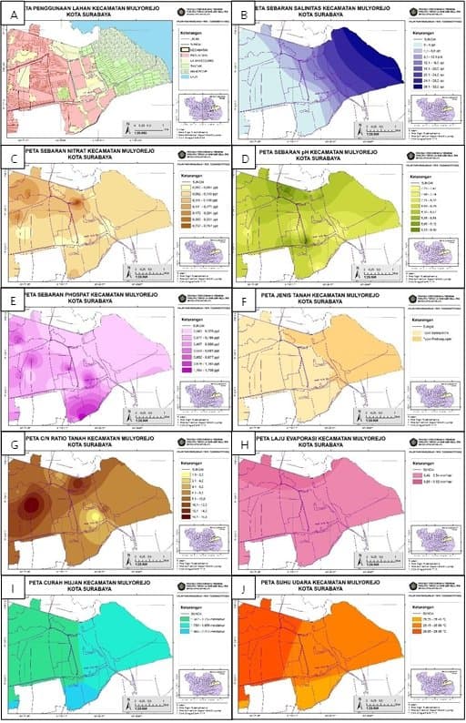 Figure 2.  Map of Mulyorejo with land use (a), salinity distribution (b), nitrate distribution (c), pH distribution (d), Phosphate distribution (e), soil types (f), soil C/N ratio (g), evaporation rate (h), rainfall (I), and air temperature (j)