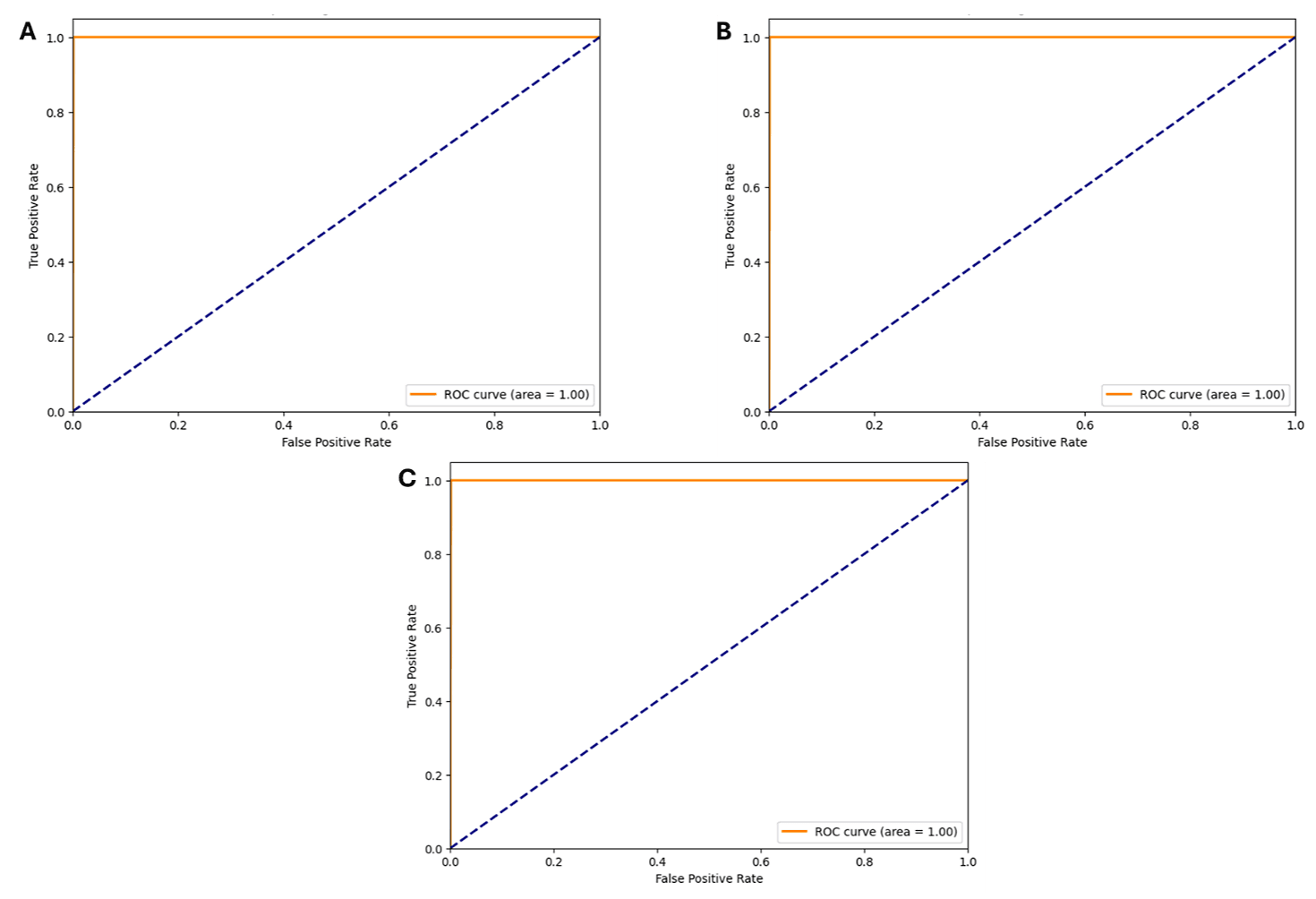 Figure 6. The ROC-AUC curve for the (A) RF Model, (B) DT Model, and (C) XGBoost Model.