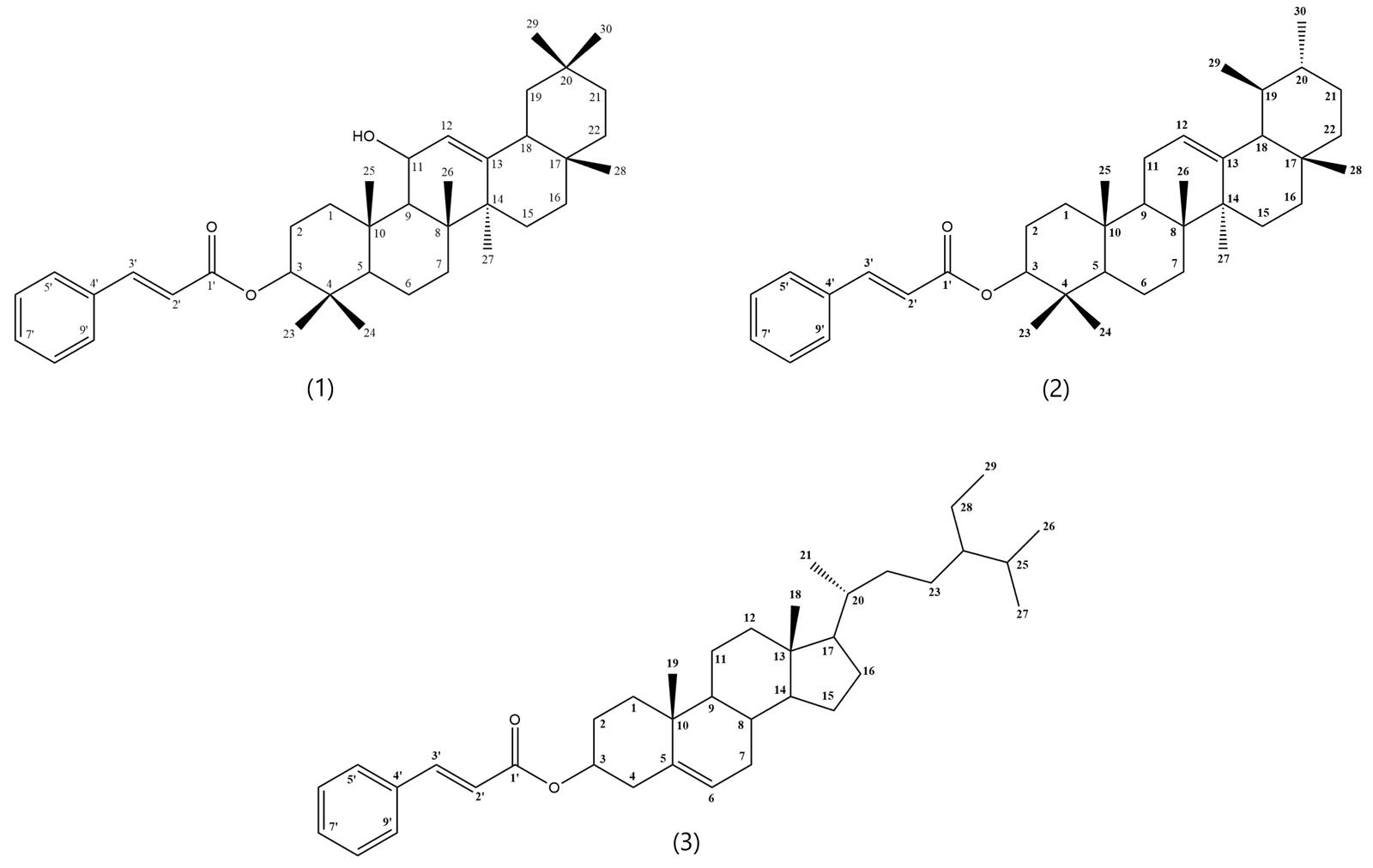 Figure 1. Chemical structures of compounds 1-3 isolated from Vitellaria paradoxa stem-bark.