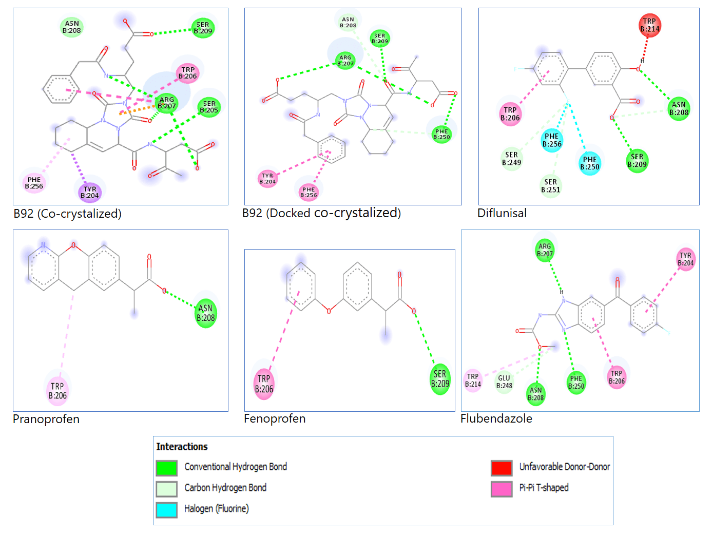 Figure 1. 2D representations of the docked co-crystalized ligand and reference compounds amino acids interaction.