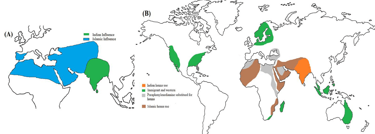 Figure 2. (A) Locations of artifacts with body markings consistent with henna or text mentioning henna between 700 and 1250 CE; (B) Regions where henna body art was practiced between 2000 and 2006.