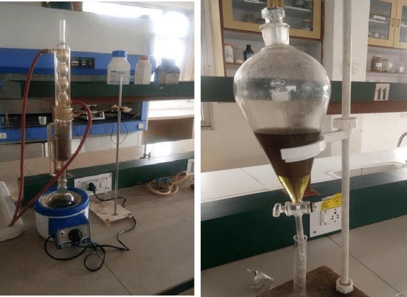 Figure 4. Extraction process in soxhlet apparatus and fraction of plant material in separating funnel using a solvent.
