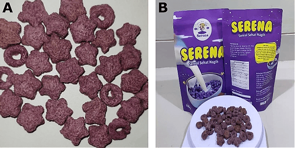 Gambar 1. Tampilan visual warna dan bentuk sereal (A) dan kemasannya (B).
