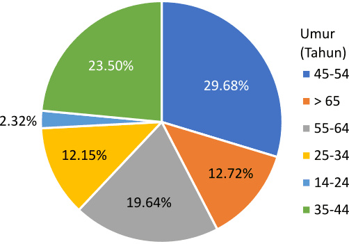 Gambar 1. Sebaran usia penduduk Kabupaten Bone, Indonesia, pada tahun 2023 dari Survei Pertanian Antar Sensus (SUTAS) menunjukkan usia produktif petani yang rendah.