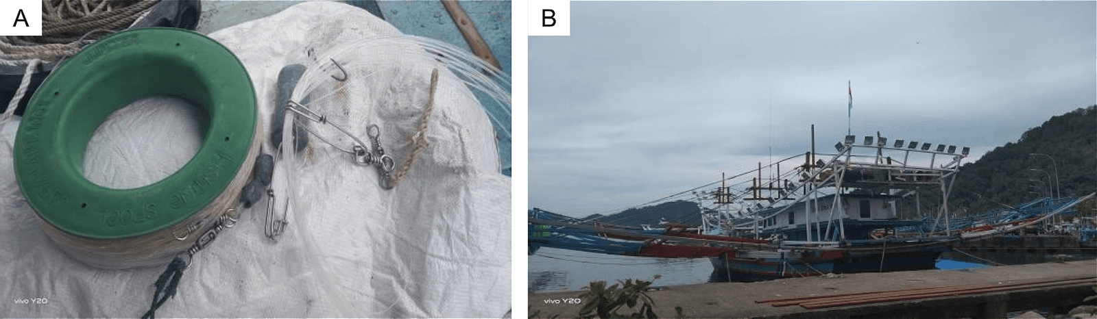 Figure 1. Handline (A) and boat (B) used for fishing at Bungus Oceanic Fishing Port.