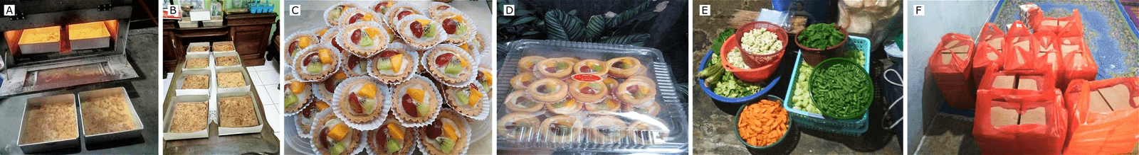 Figure 1. Examples of MSME products in Iringmulyo. Note: (A and B) the process of making and packing Kue Legit, (C and D) the process of making and packaging fruit-filled cream puffs (Kue Soes Buah), and (E and F) the process of making and packaging catering meals.