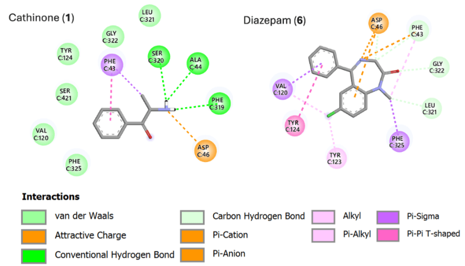 Figure 3. Molecular docking interactions of cathinone and diazepam at the dopamine transporter (DAT PDB ID 4XP9). Hydrogen bond, π–σ, π–π, and van der Waals interactions are highlighted, showing distinct binding modes for each ligand.