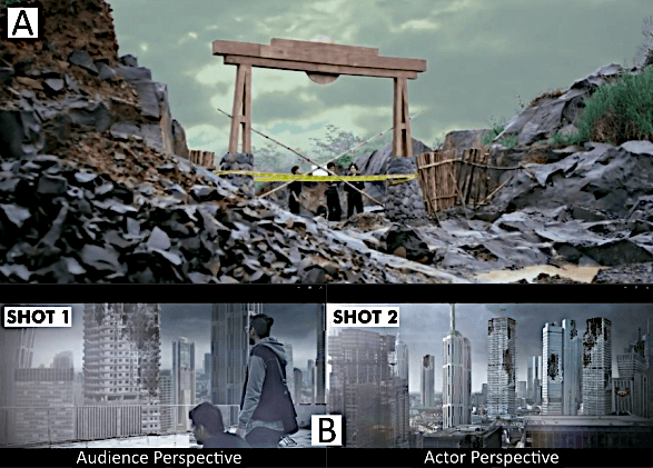 Figure 2. Examples of camera angle techniques in 3: Alif Lam Mim: (A) objective camera angle showing Alif, Lam, and Mim observing the sealing of the training facility (29:29); and (B) subjective camera angle during the rooftop conversation between Alif and Lam (1:12:29–1:12:35).