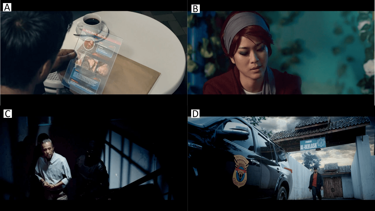 Figure 3. Examples of shot type variations in 3: Alif Lam Mim: (A) point-of-view shot of Alif examining his phone (1:15:11); (B) eye-level shot during the café dialogue between Alif and Laras (22:50); (C) high-angle shot depicting Kyai Mukhlis being arrested (1:32:57); and (D) low-angle shot as Alif exits the pesantren gate (1:33:03).