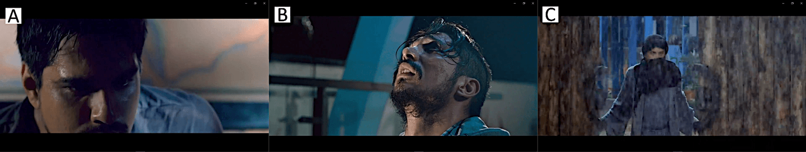 Figure 4. Examples of close-up shot variations in 3: Alif Lam Mim: (A) extreme close-up of Alif waking from a nightmare (44:41); (B) standard close-up of Lam grieving his wife’s death (1:21:44); and (C) medium close-up of Mim opening the pesantren gate (1:05:29).