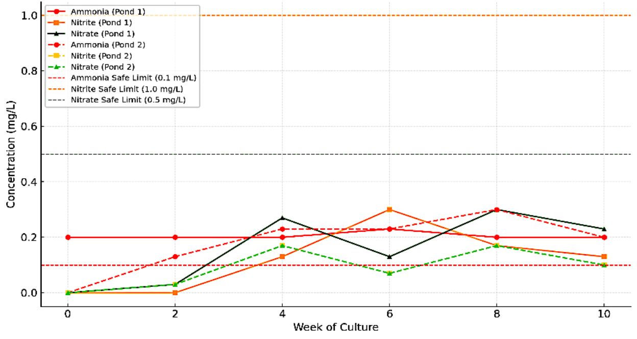 Figure 3. Temporal variation in nitrogenous compounds (ammonia, nitrite, nitrate) in shrimp ponds during 10 weeks of culture.